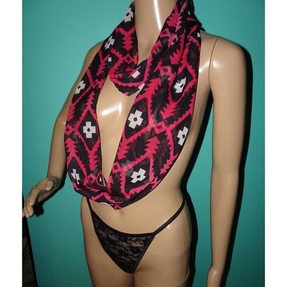 Vintage Black & Pink Southwest Motif Infinity Scarf semi sheer head wrap - Picture 3 of 14